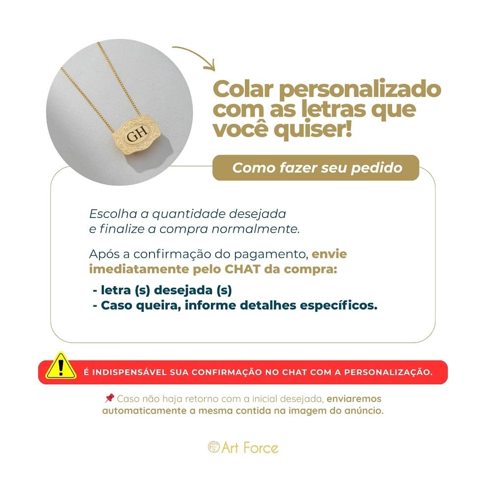 Colar Letras Personalizadas Folheado Ouro18k Prata 950 Fivela Luxo - Art Force Semijoias miniatura 4