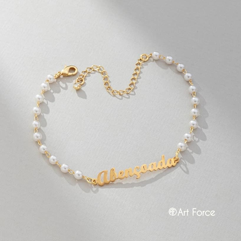 Pulseira Abençoada com Pérolas Feminina Banhada a Ouro