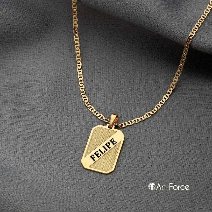 Corrente Gucci 60cm Banhada Ouro Placa Retangular Nome Laser